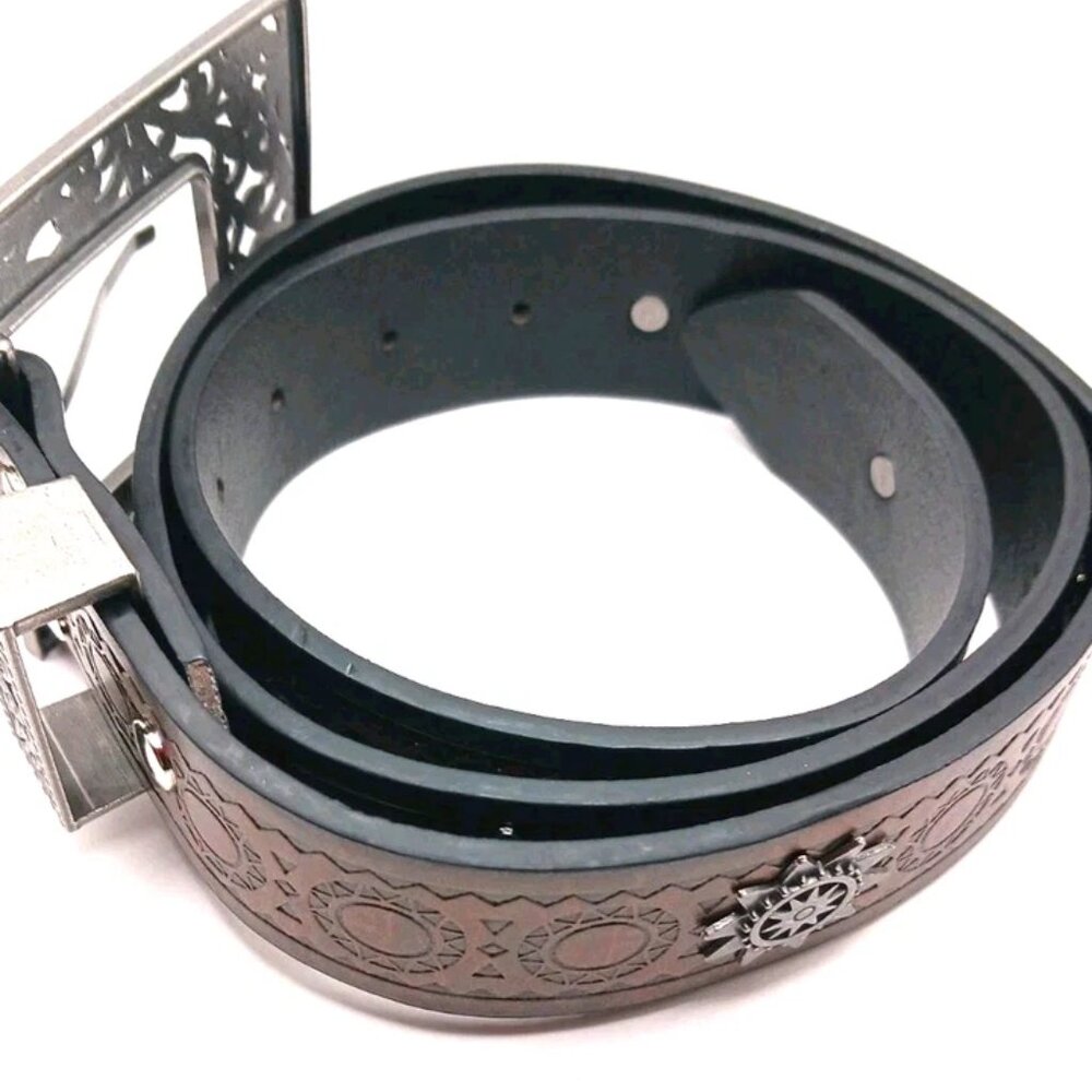 Womens Brown Leather Belt Waist Size 29 To 35 With Large Filagree Buckle New - Picture 6 of 9